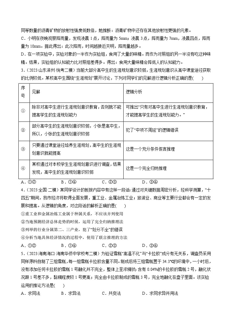 第07课 学会归纳和类比推理(练习)-2024年高考政治一轮复习练习(新教材新高考)02