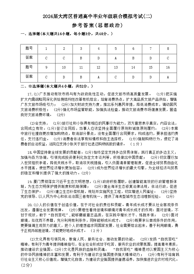 2024 届广东大湾区二模(珠海、中山、江门、阳江、韶关等)政治试题+答案(4.24)01