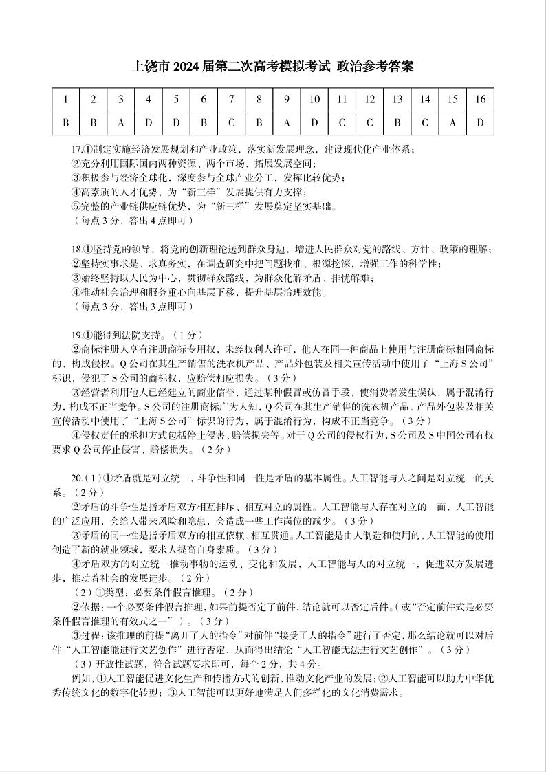 2024届江西省上饶市高三二模政治试题01