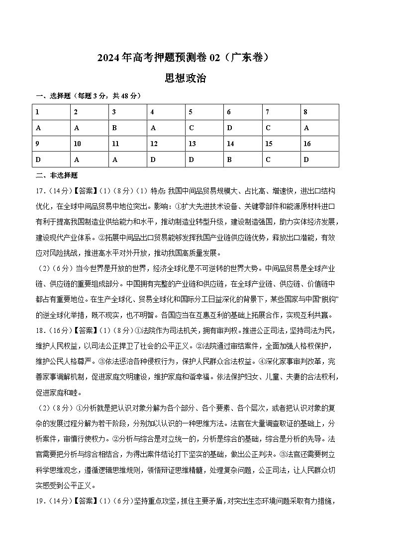 2024年高考押题预测卷—政治(广东卷02)(参考答案)01