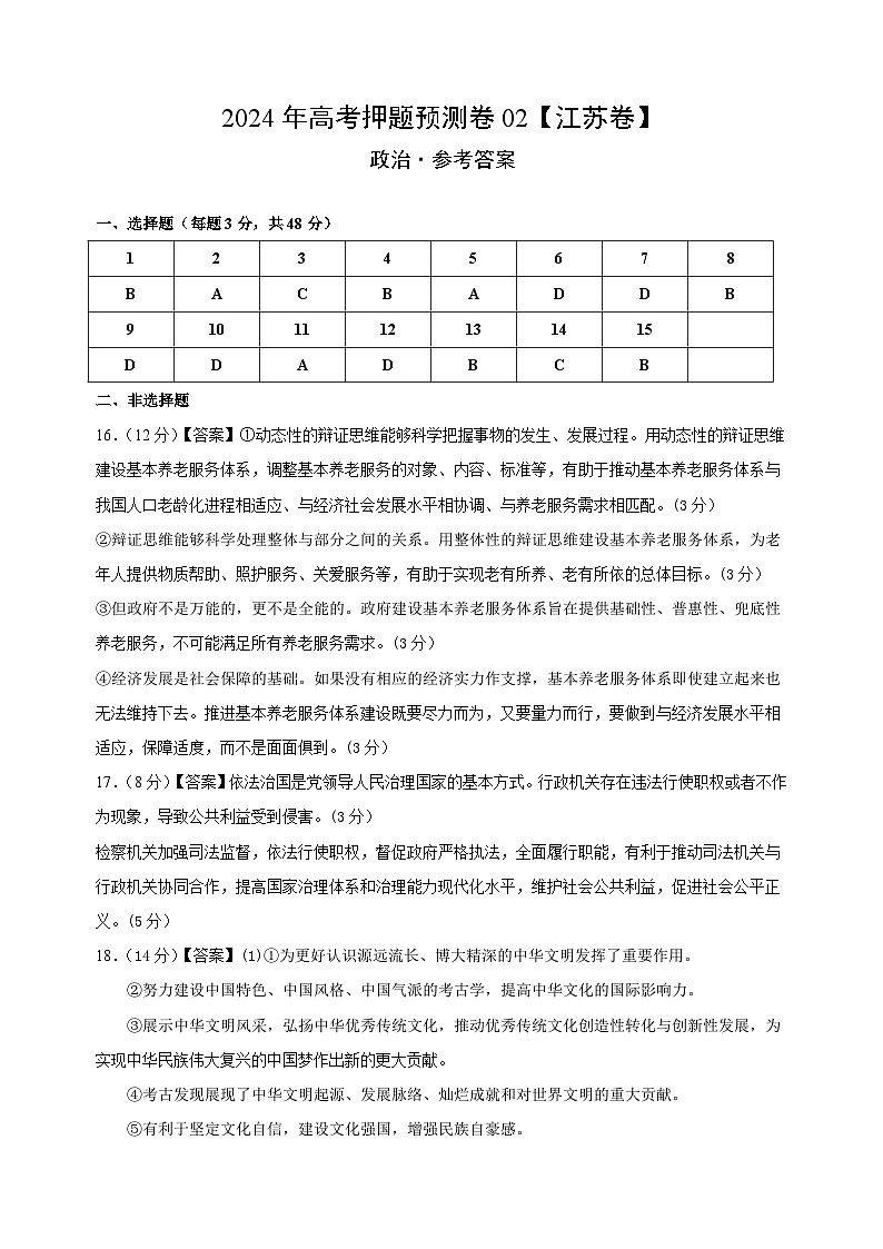 2024年高考押题预测卷—政治(江苏卷02)(参考答案)第1页
