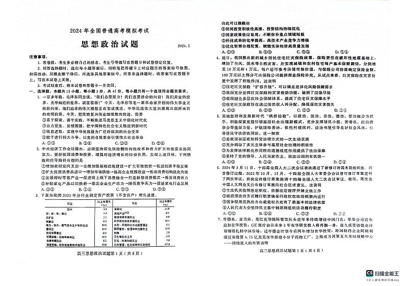 2024届山东省潍坊市四县高三三模政治试题01