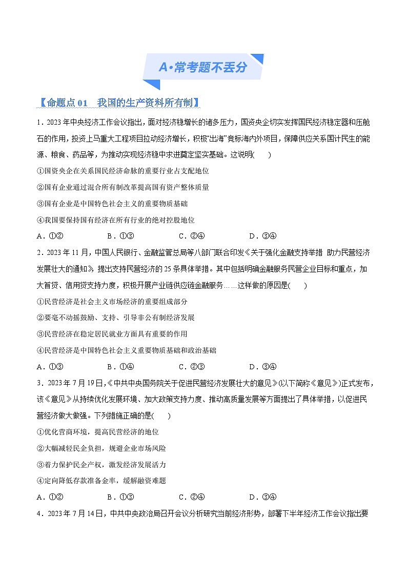 专题11 制度篇—基本经济制度(分层练)-【考点解密】2024年高考政治高频考点预测02