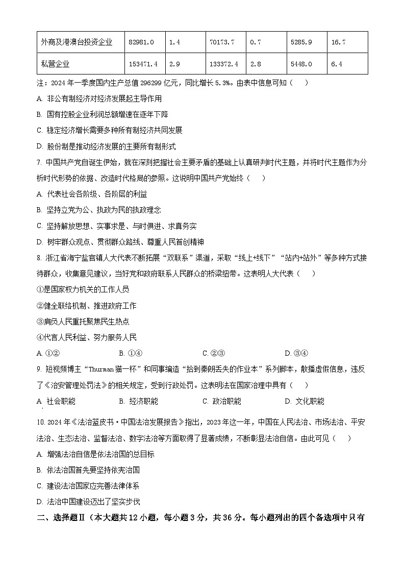 浙江省嘉兴市2023-2024学年高一下学期6月期末考试政治试题(Word版附解析)03