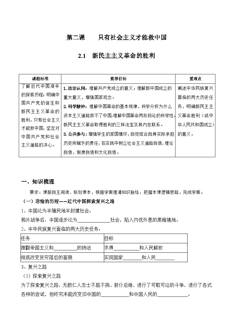 统编版高中政治必修一中国特色社会主义 2.1 新民主主义革命的胜利 导学案(含答案解析)01