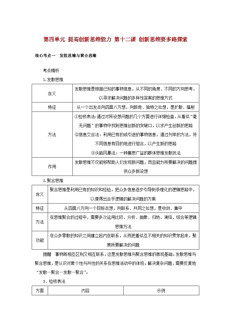2025版高考政治全程一轮复习核心突破练习选择性必修3第四单元提高创新思维能力第十二课创新思维要多路探索第1页