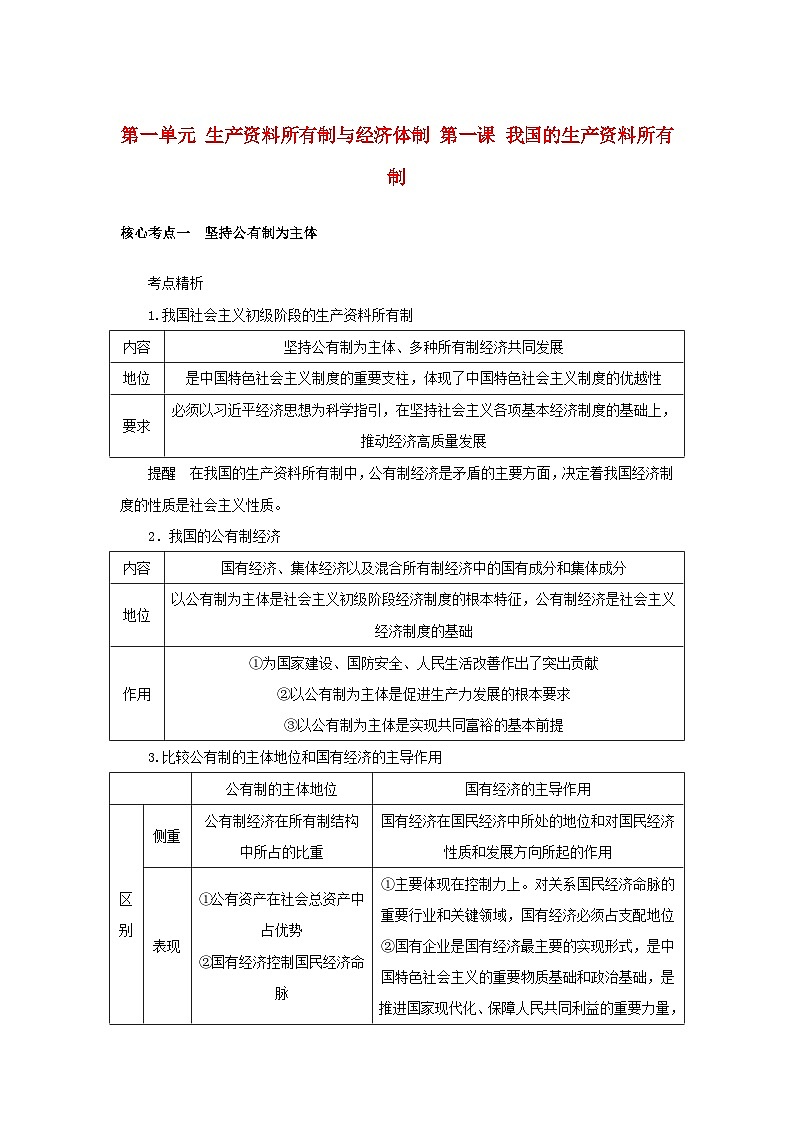 2025版高考政治全程一轮复习核心突破练习必修2第一单元生产资料所有制与经济体制第一课我国的生产资料所有制第1页