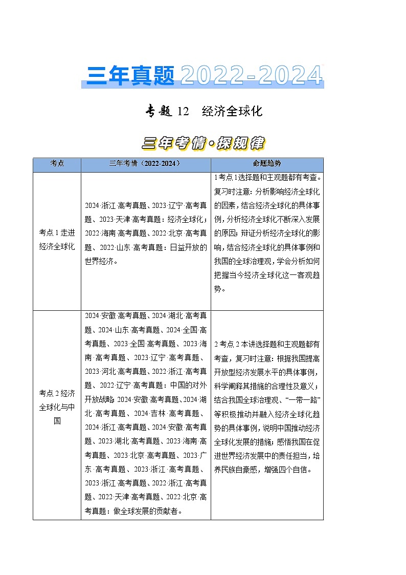 专题12 经济全球化-三年(2022-2024)高考政治真题分类汇编(解析版)第1页