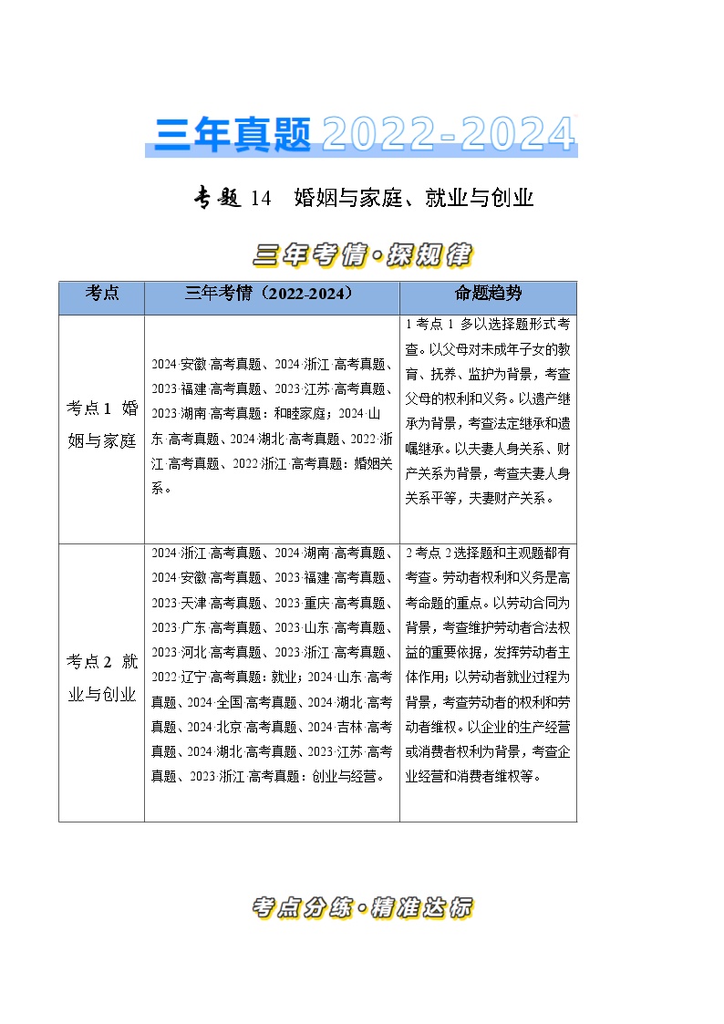 专题14 家庭与婚姻、就业与创业-三年（2022-2024）高考政治真题分类汇编