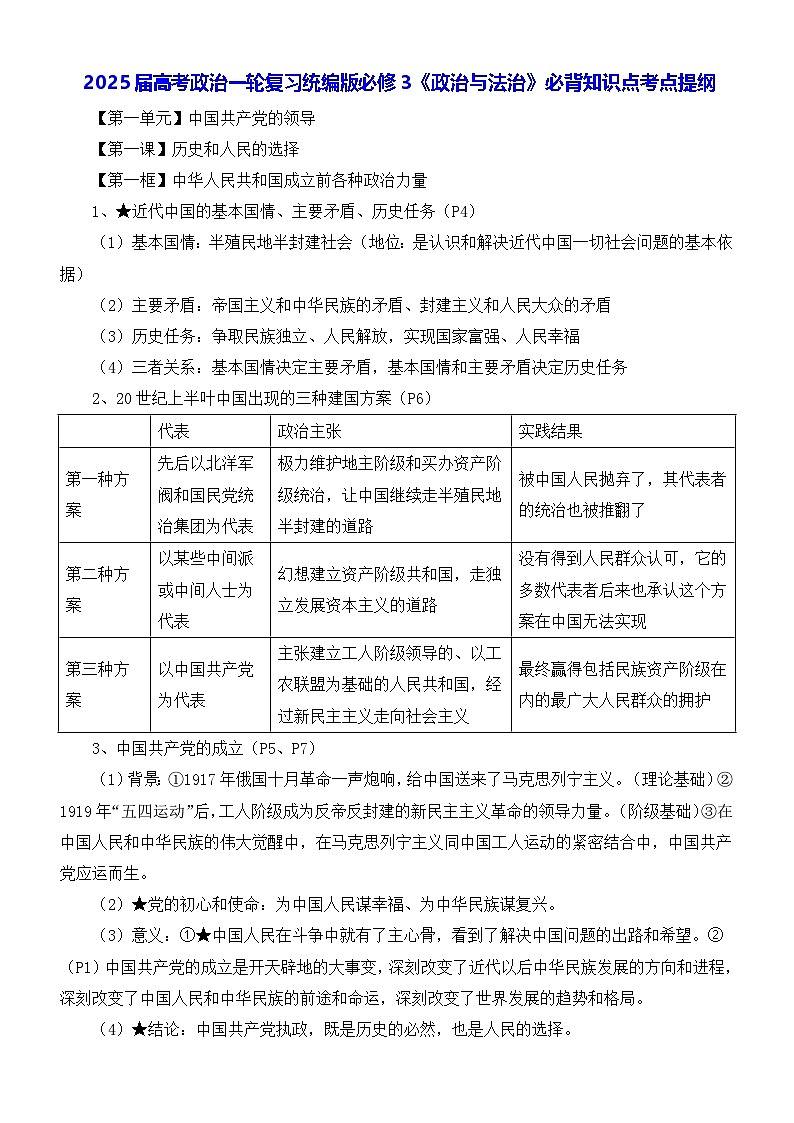 2025届高考政治一轮复习统编版必修3《政治与法治》必背知识点考点提纲第1页