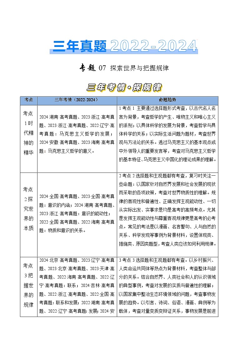 三年(2022-2024)高考政治真题分类汇编专题07 探索世界与把握规律(新高考通用)(原卷版)01