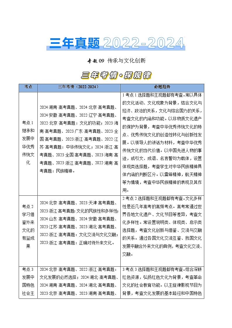 三年(2022-2024)高考政治真题分类汇编专题09 传承与文化创新(解析版)01