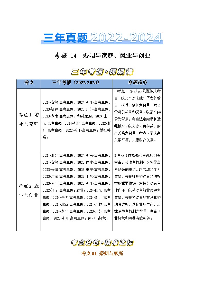 三年(2022-2024)高考政治真题分类汇编专题14 家庭与婚姻、就业与创业(解析版)01