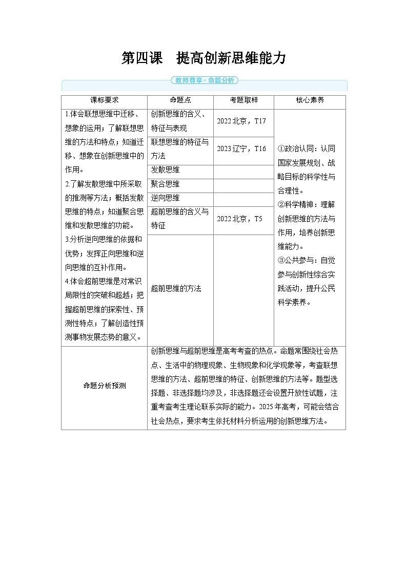 2025年高考政治精品教案选择性必修3 逻辑与思维 第四课 提高创新思维能力01