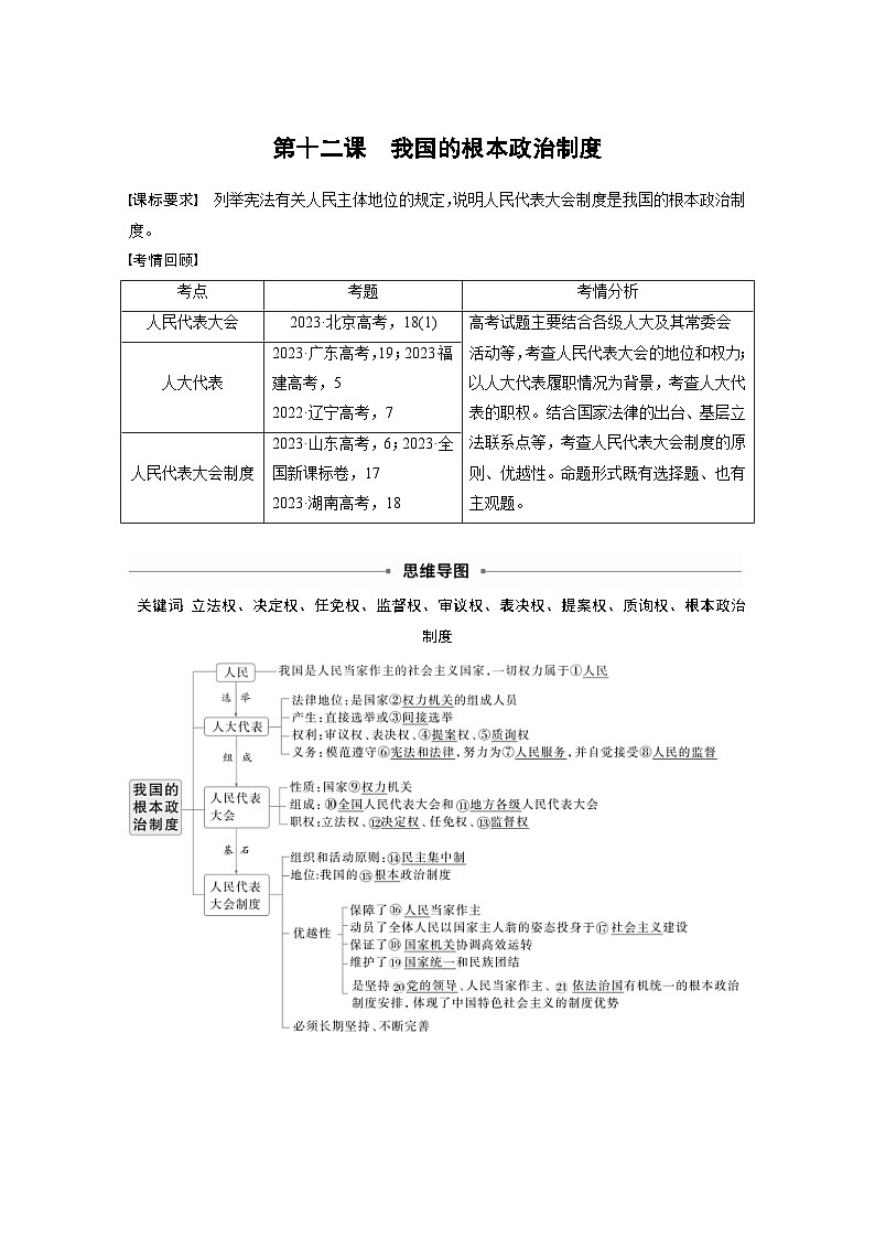 新高考政治一轮复习讲义必修3第十二课我国的根本政治制度(教师版)第1页