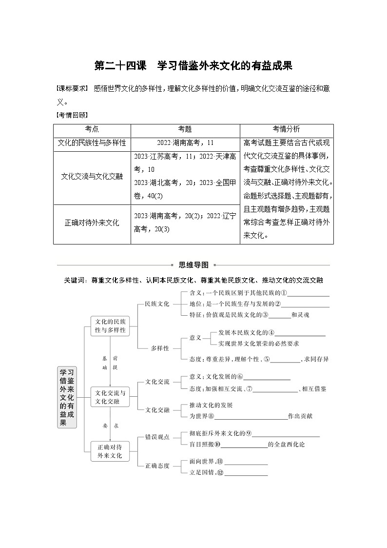 新高考政治一轮复习讲义必修4第二十四课学习借鉴外来文化的有益成果(原卷版)第1页