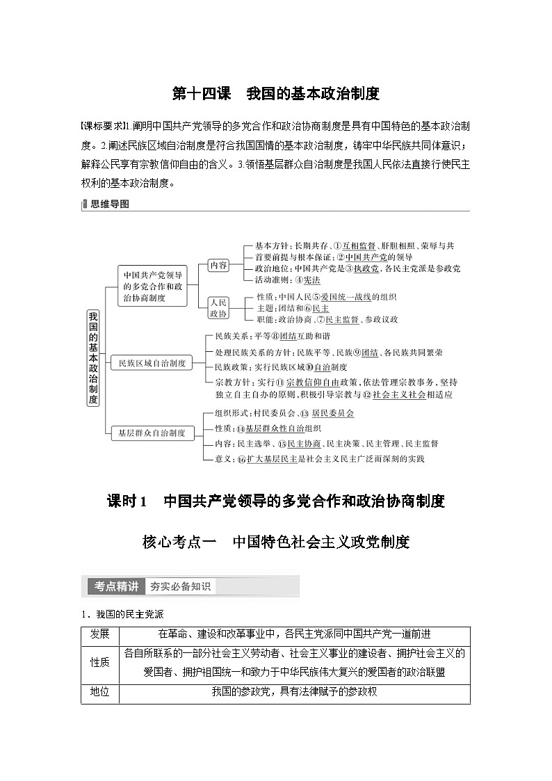 新高考政治一轮复习讲义必修3第14课课时1中国共产党领导的多党合作和政治协商制度(教师版)第1页