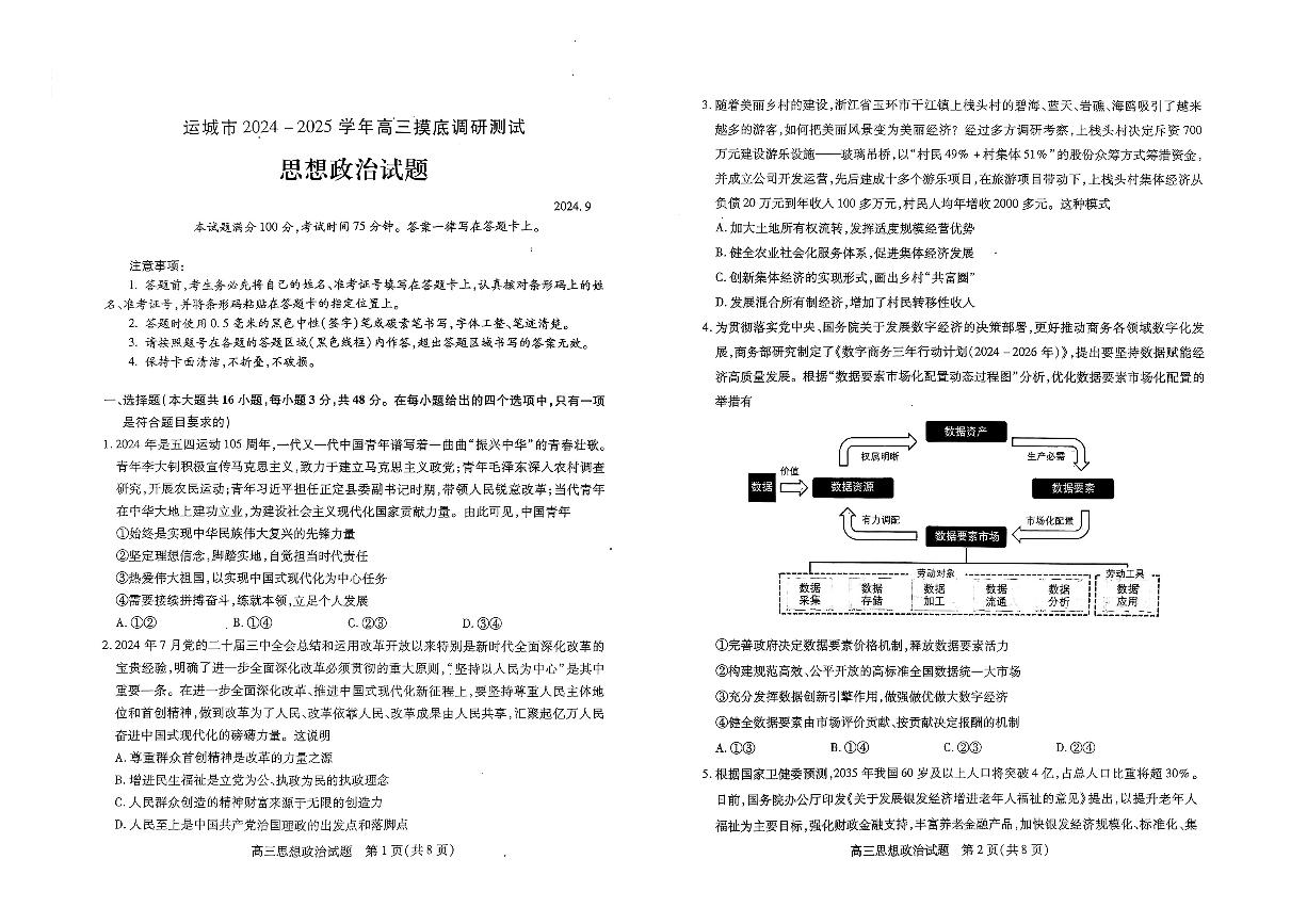 山西省运城市2024-2025学年高三上学期开学摸底调研政治试题