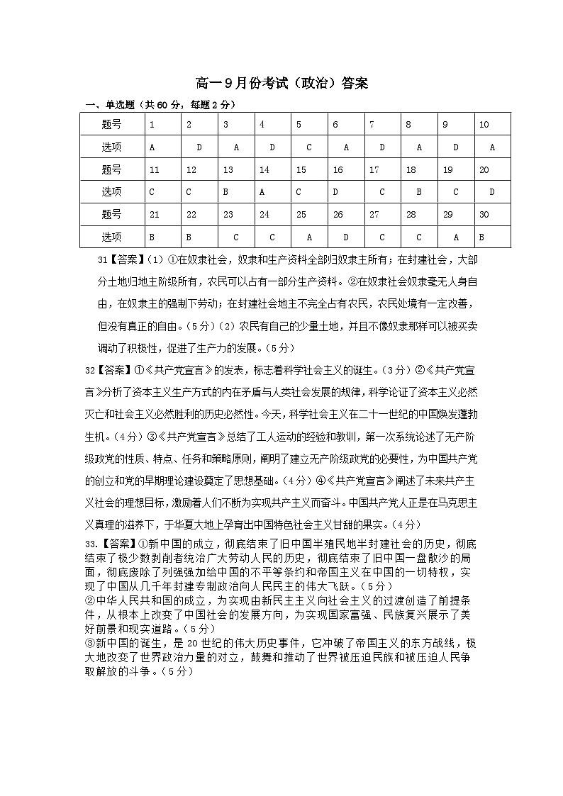 2024-09-26 高一9月份考试(政治)答案第1页