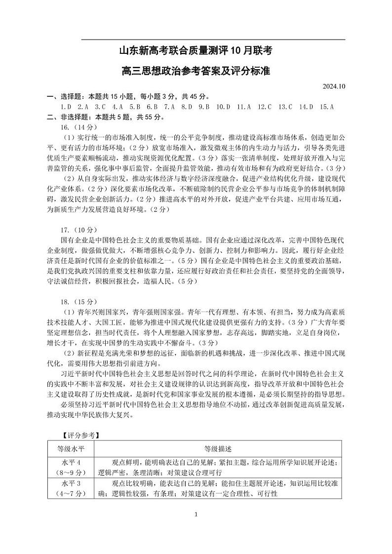 山东新高考联合质量测评高三10月联考试卷+政治答案第1页