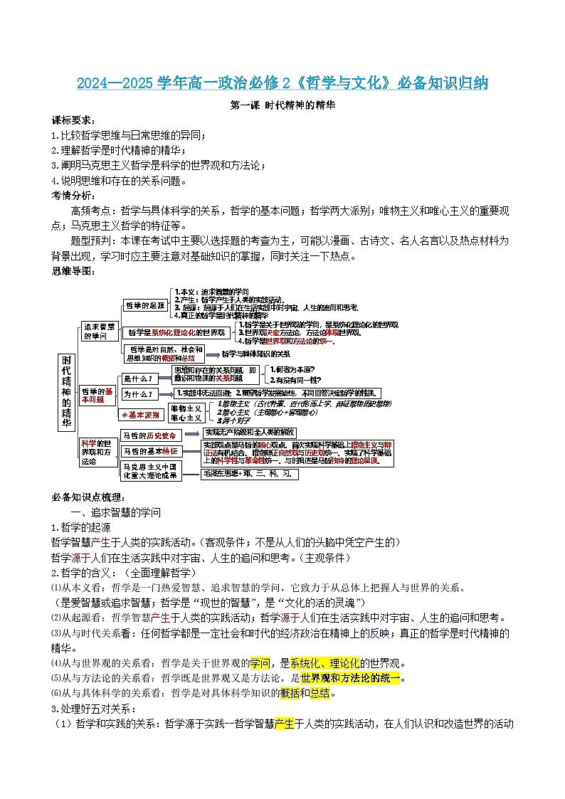 【必备知识归纳】必修4第1课 时代精神的精华- 2025年高考政治一轮复习必备知识归纳(新高考通用)第1页