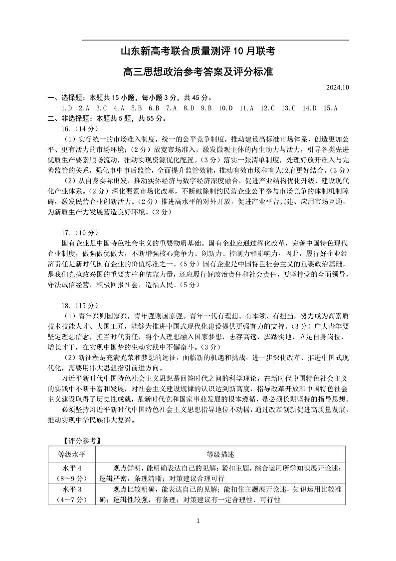 山东新高考联合质量测评高三上学期10月联考试题 政治01