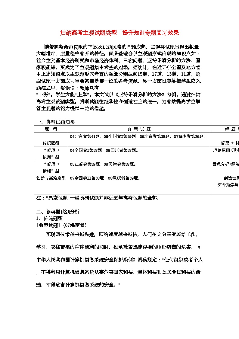 2022年高中政治教学论文归纳高考主观试题类型提升知识专题复习效果