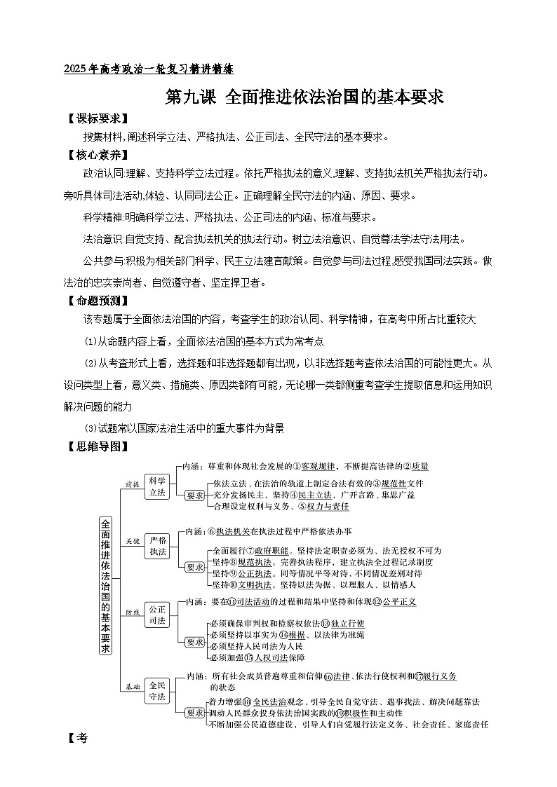 第九课 全面推进依法治国的基本要求 (学案)-【抢分秘籍】2025年高考政治一轮复习精讲精练01