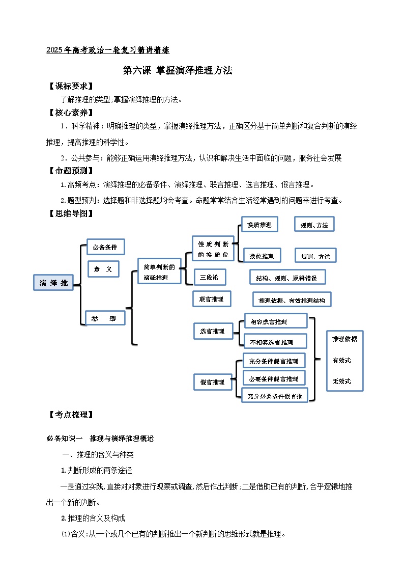 第六课 掌握演绎推理方法 （学案） -【抢分秘籍】2025年高考政治一轮复习精讲精练