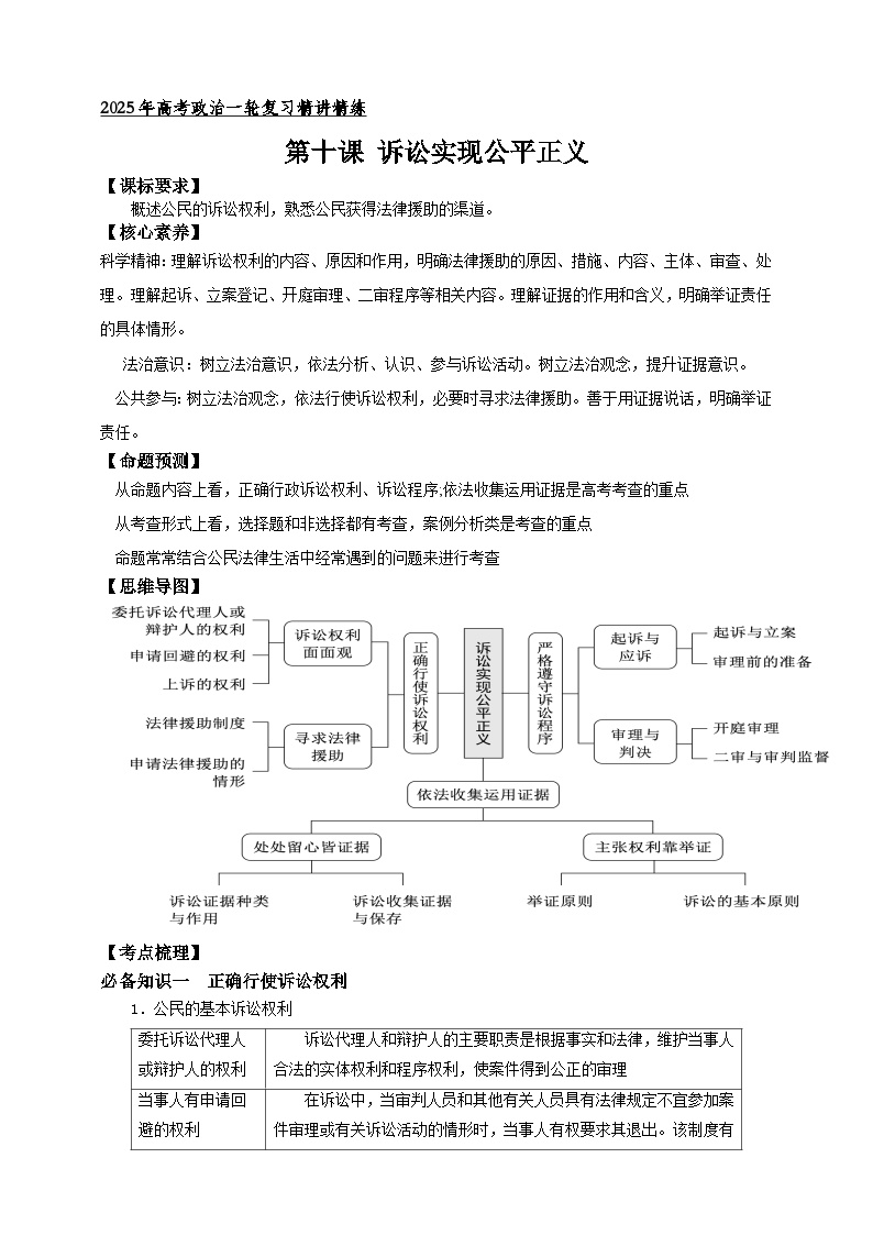 第十课 诉讼实现公平正义 （学案）-【抢分秘籍】2025年高考政治一轮复习精讲精练