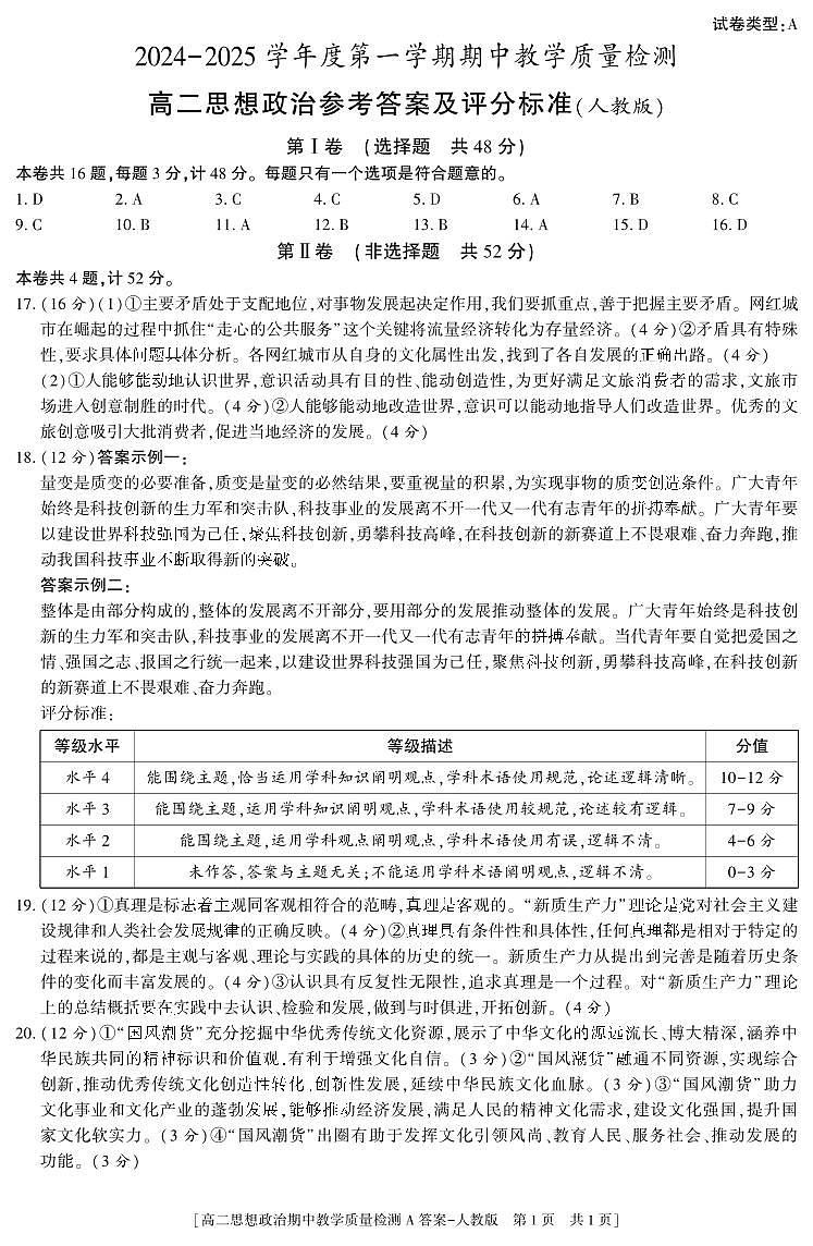 高二思想政治期中试题参考答案第1页