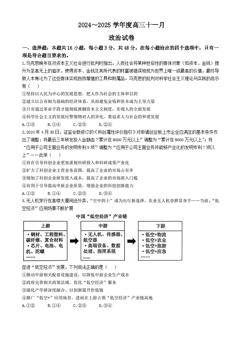 湖北省武汉市江岸区2024-2025学年高三上学期11月调考政治试题(Word版附答案)01