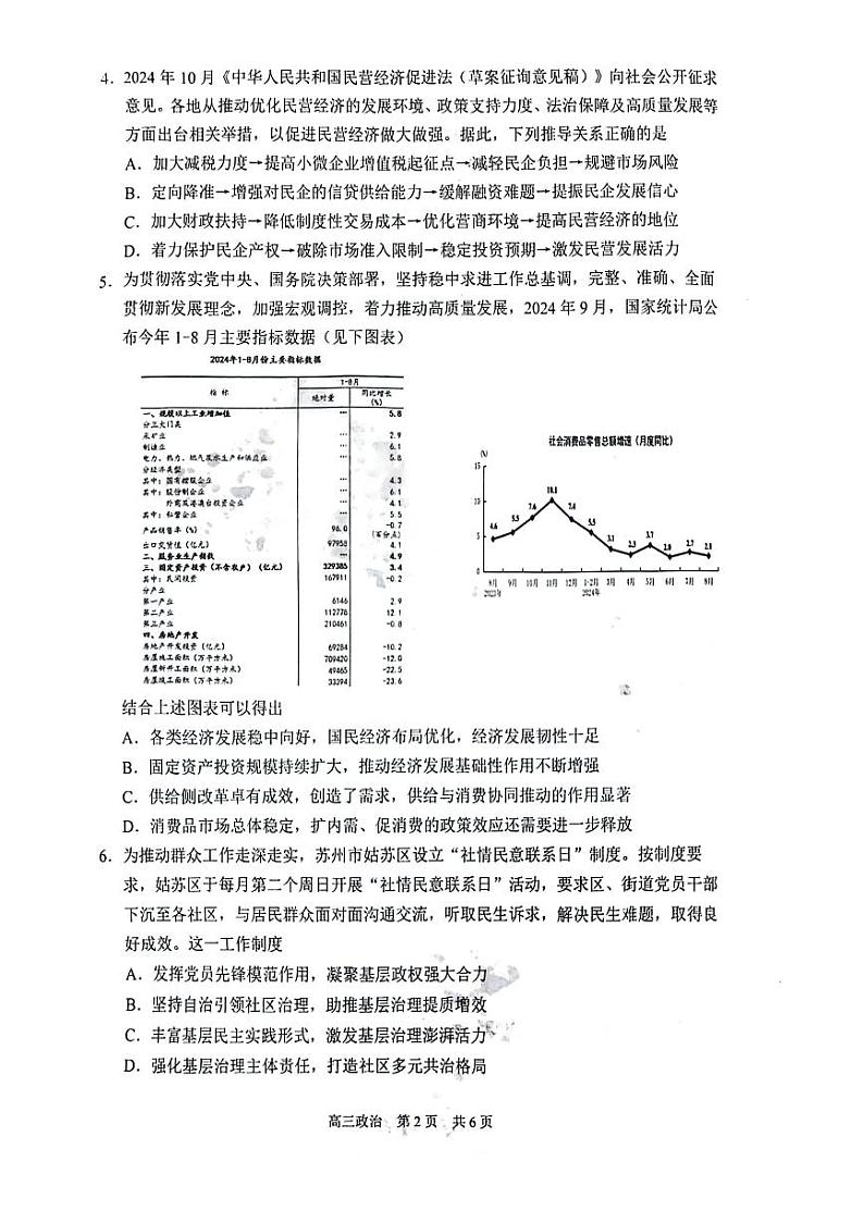 2025届江苏省苏州市高三上学期11月期中考-政治试卷+答案第2页