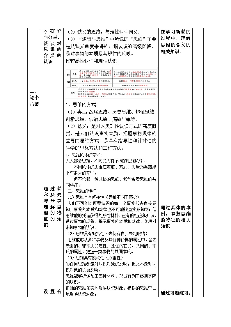 1.1思维的含义与特征教学设计(表格式)-2024-2025学年高中思想政治统编版选择性必修3 逻辑与思维02