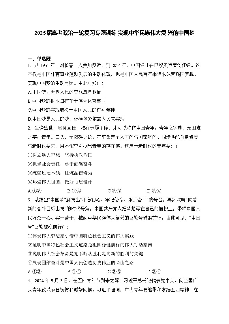 2025届高考政治一轮复习专题训练 实现中华民族伟大复 兴的中国梦第1页
