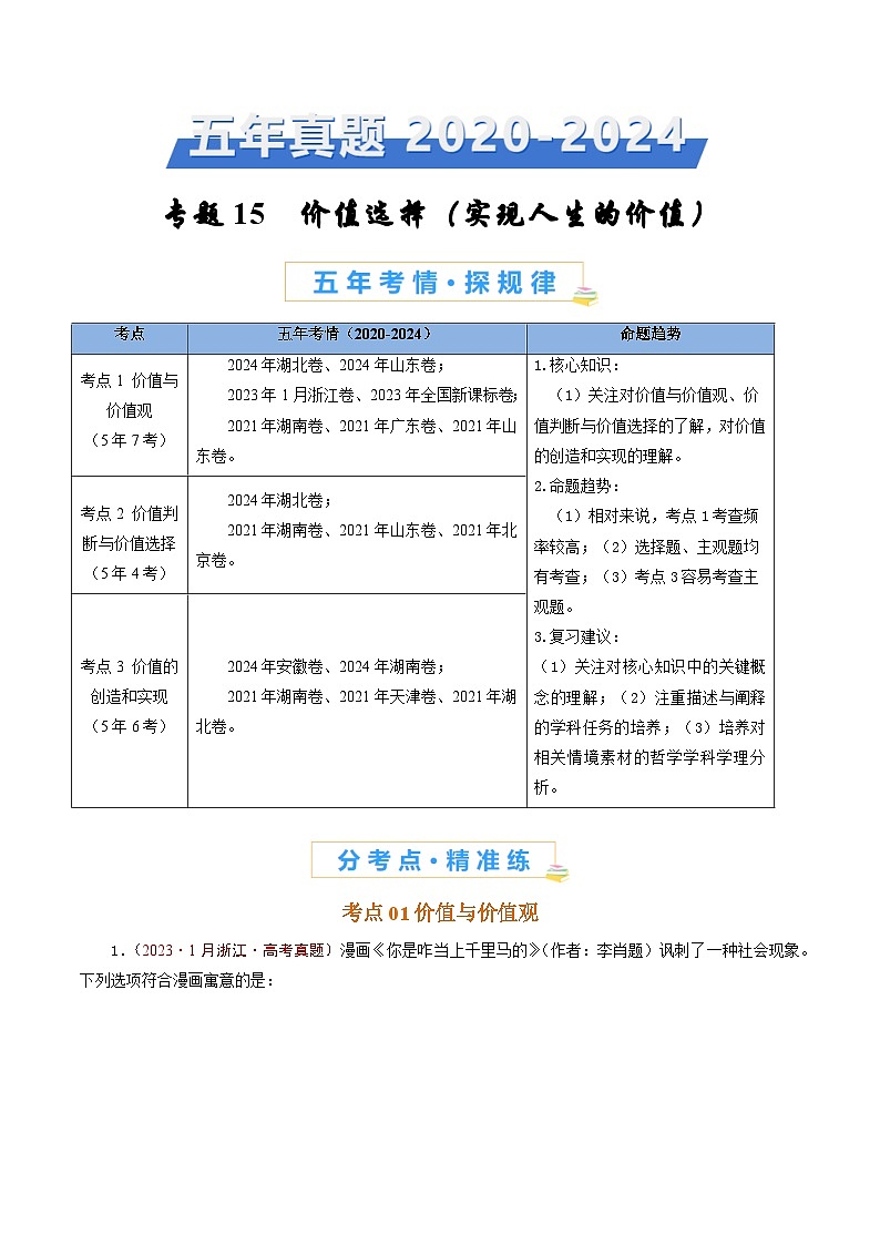 五年高考真题(2020-2024)分类汇编 政治 专题15 价值选择(实现人生的价值) 含解析第1页