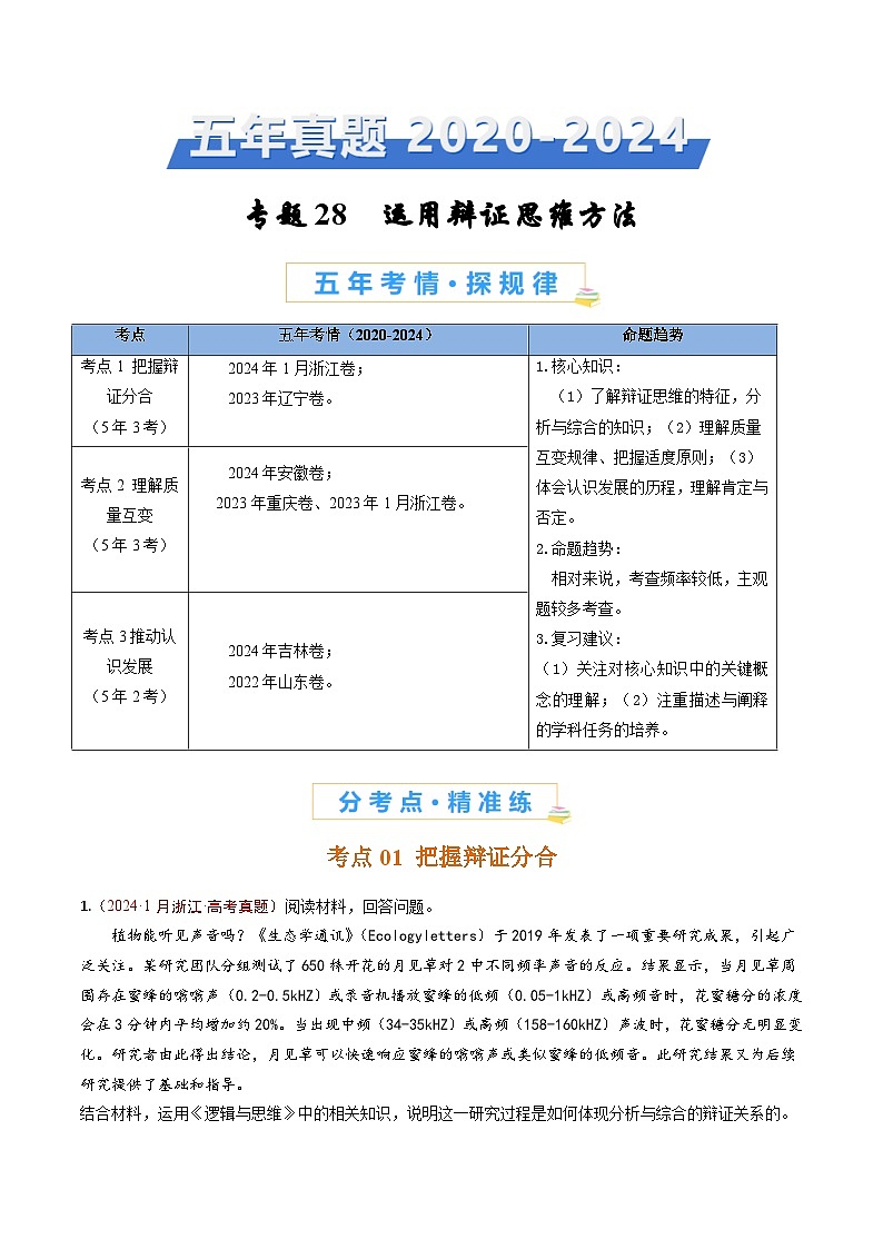 五年高考真题(2020-2024)分类汇编 政治 专题28 运用辩证思维方法 含解析第1页