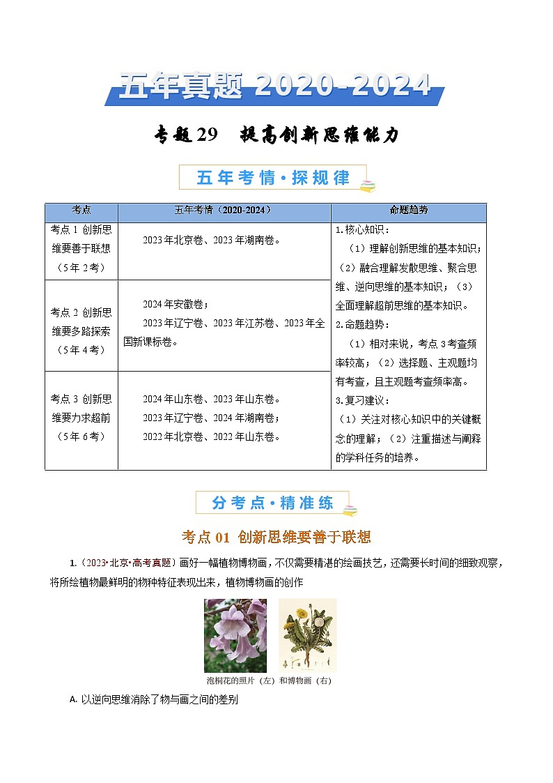 五年高考真题(2020-2024)分类汇编 政治 专题29 提高创新思维能力 含解析第1页