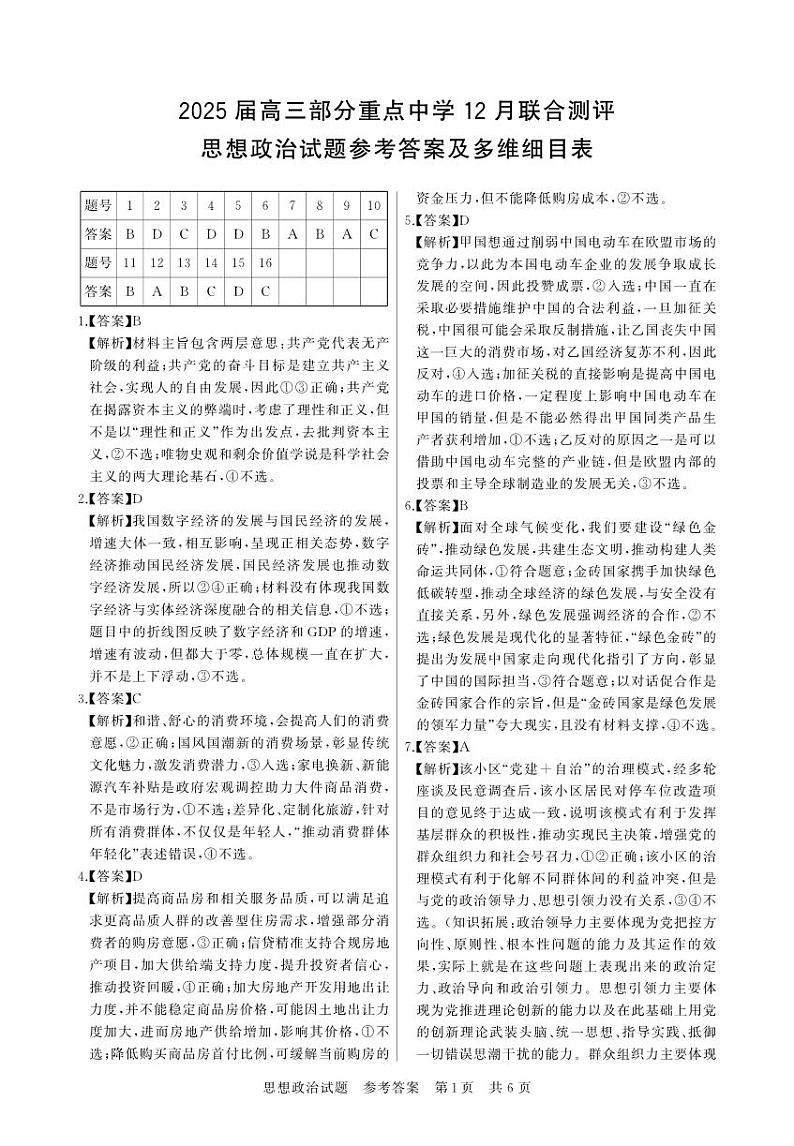 2024-12月联考 政治答案第1页