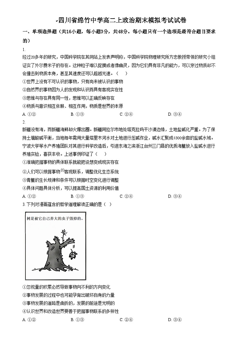 四川省绵竹中学2024-2025学年高二上学期12月月考(期末模拟考试)政治试题 Word版无答案第1页