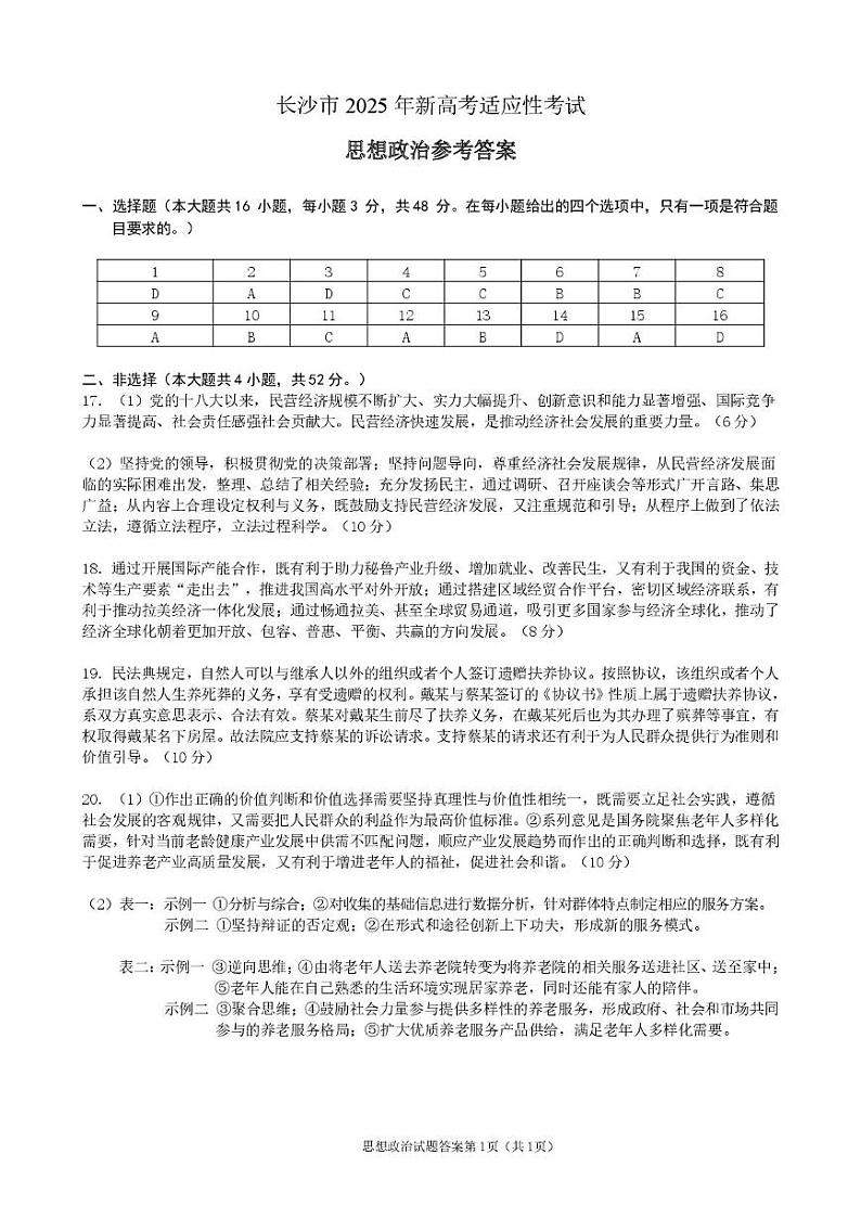 【思想政治参考答案】长沙市2025年新高考适应性考试第1页