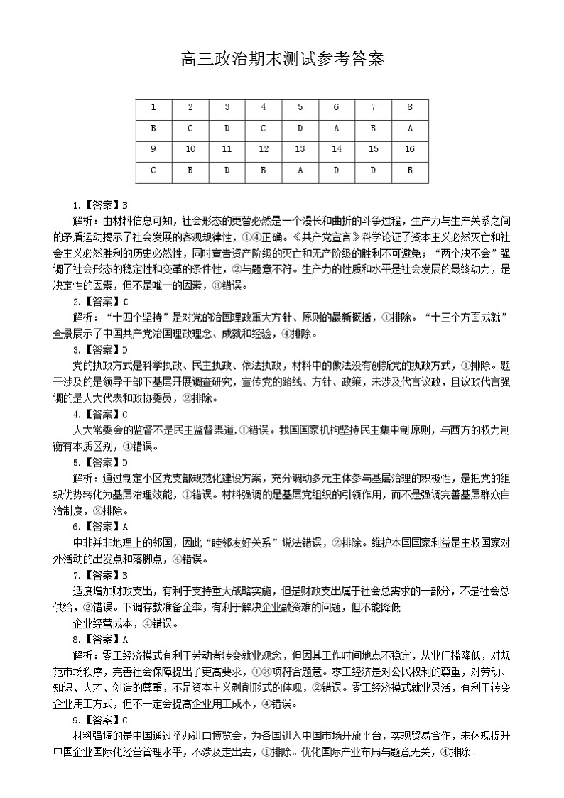 山西省吕梁市2024-2025学年高三上学期期末考试政治试题 高三政治期末测试参考答案第1页