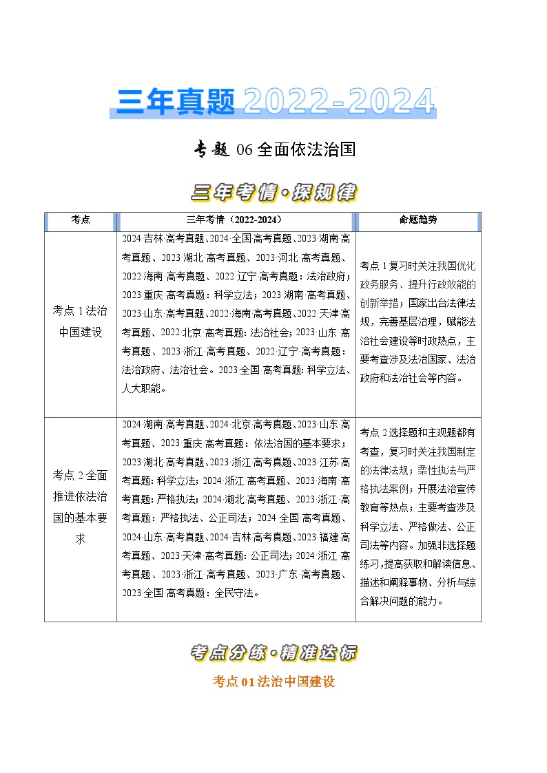 三年高考真题（2022-2024）分项汇编 政治 专题06 全面依法治国 Word版含解析