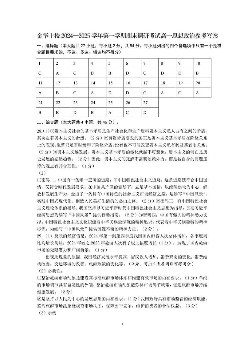 2025年1月金华十校期末考试高一政治参考答案第1页