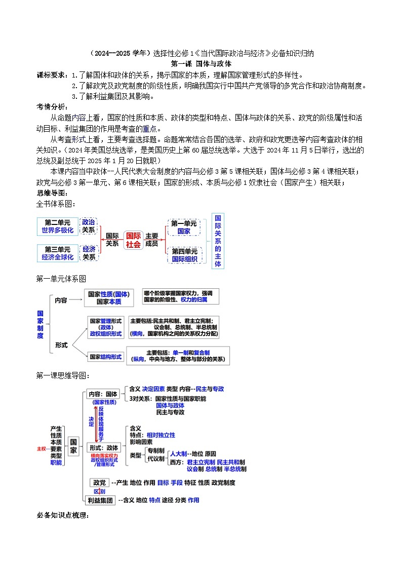 【必备知识归纳】选择性必修1第一课 国体与政体- 2025年高考政治一轮复习必备知识归纳(新高考通用)第1页