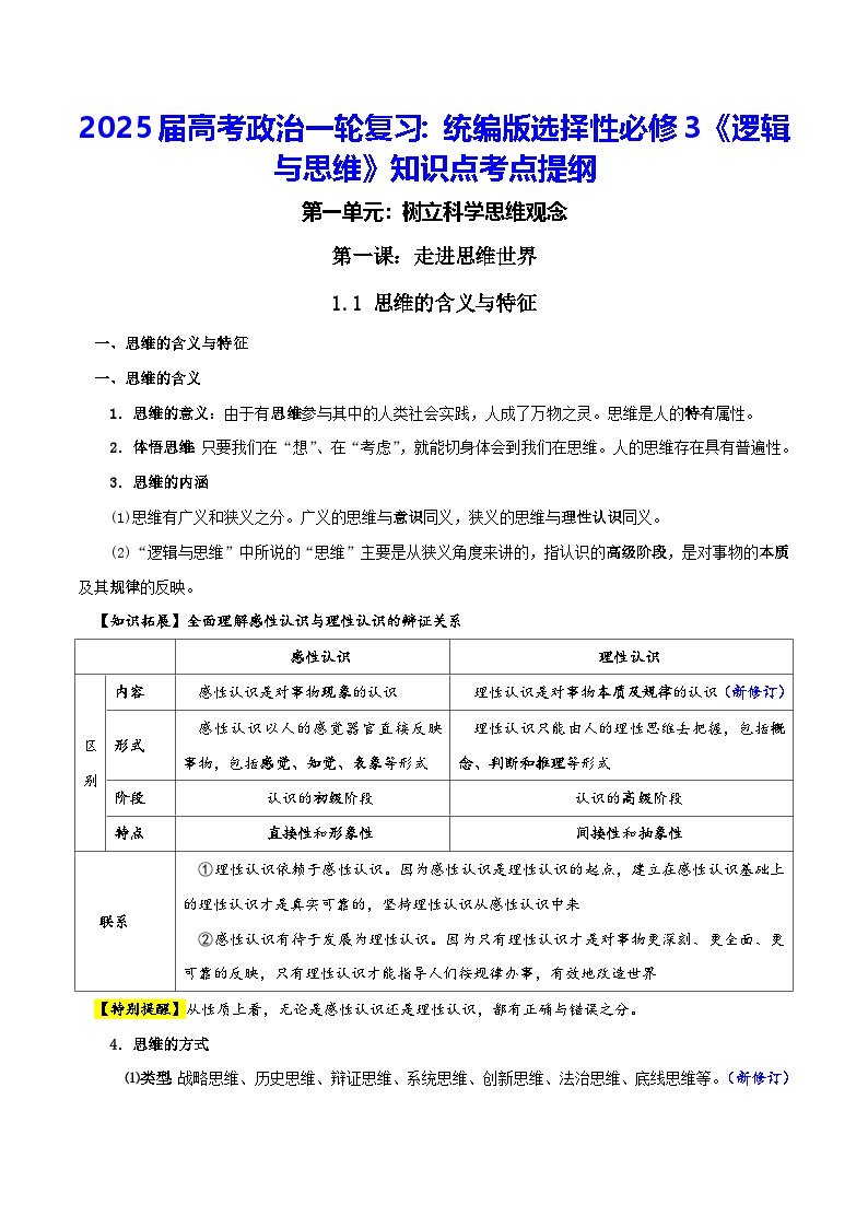 2025届高考政治一轮复习：统编版选择性必修3《逻辑与思维》知识点考点提纲