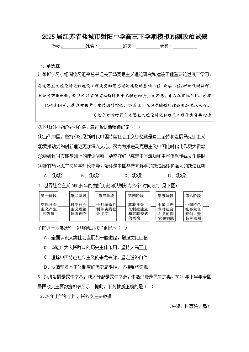 2025届江苏省盐城市射阳中学高三下学期模拟预测政治试题第1页