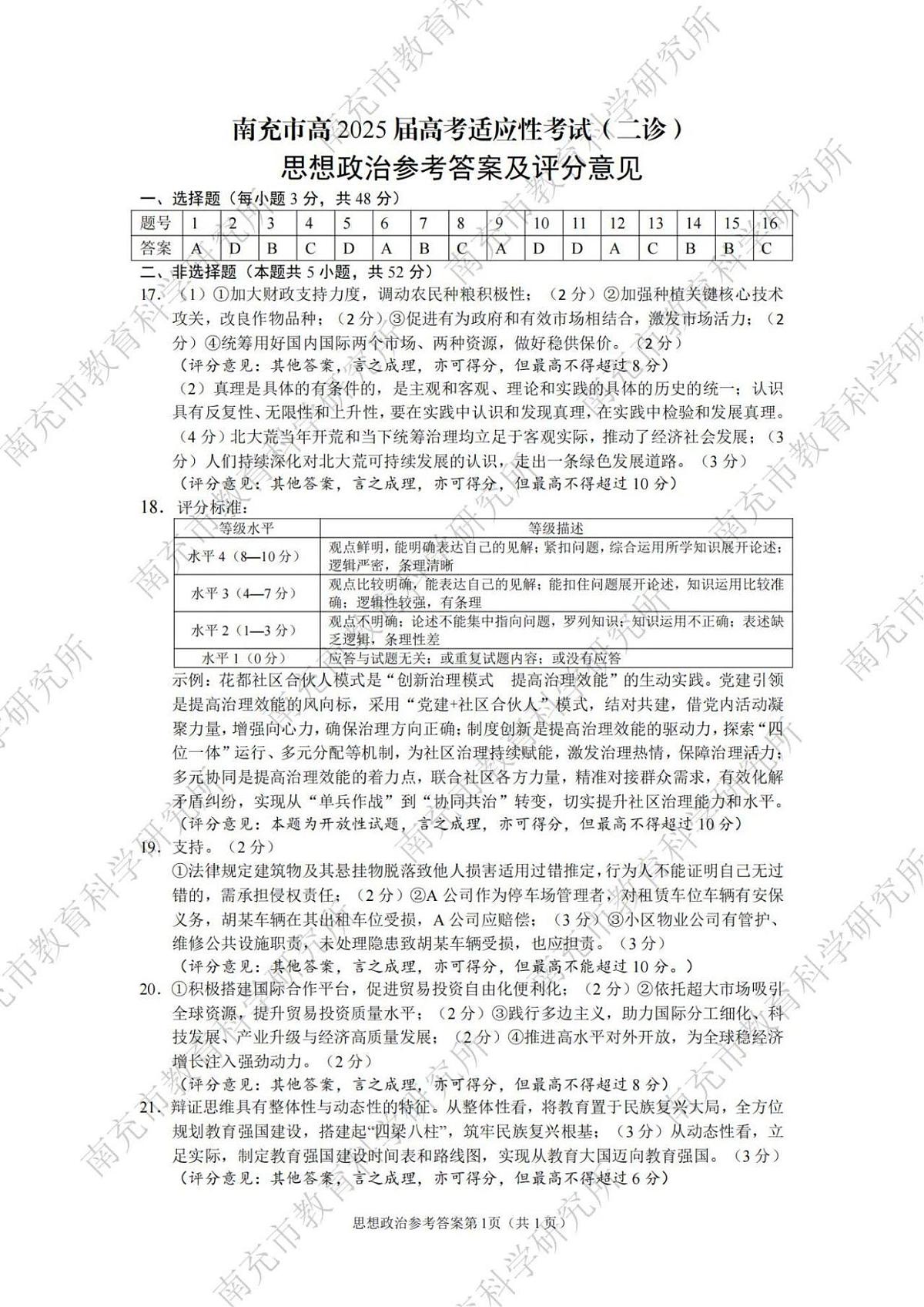 政治试卷答案 【四川卷】四川省南充市高2025届高考适应性考试(二诊)(南充二诊)(2.25-2.27)第1页