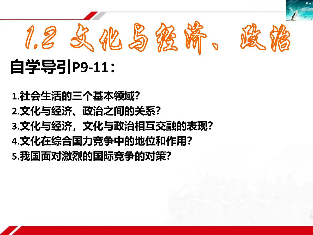 人教版 (新课标)高中政治必修3 1-1-2《文化与经济、政治》新课讲知课件第1页