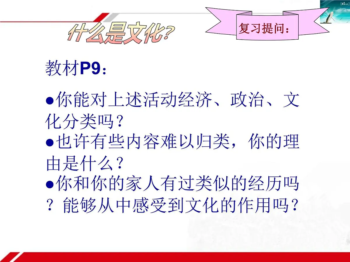 人教版 (新课标)高中政治必修3 1-1-2《文化与经济、政治》新课讲知课件第1页